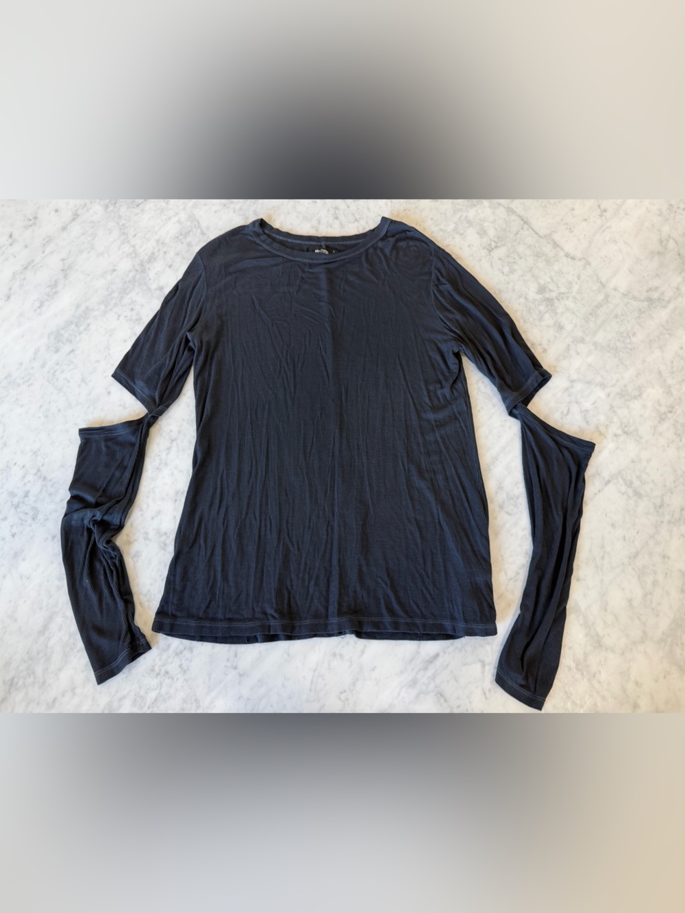 Michael Lauren Cut Out Long Sleeve Top Black Ribbed Open Elbow Size L